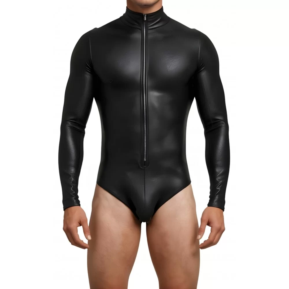 Body homme en cuir d'agneau stretch noir manches longues modèle Ronyl