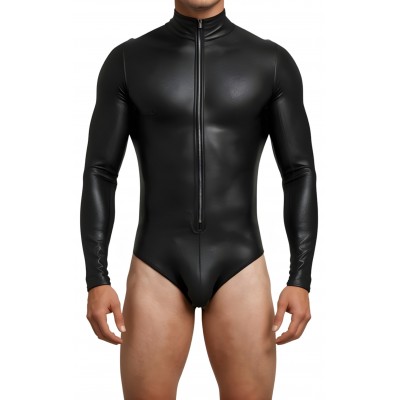 Body homme en cuir d'agneau stretch noir manches longues modèle Ronyl