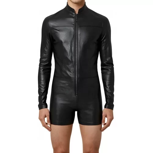 Body homme en cuir d'agneau noir manches longues modèle zirkon