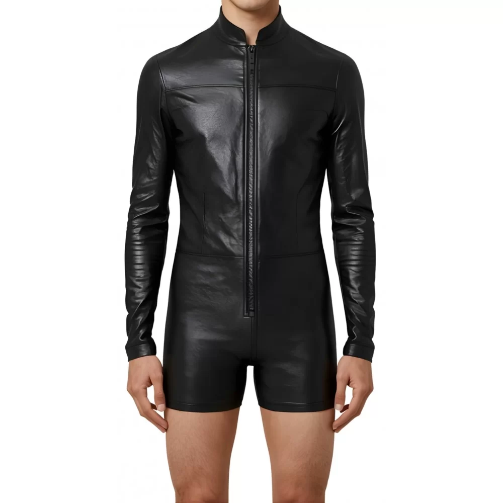 Body homme en cuir d'agneau noir manches longues modèle zirkon