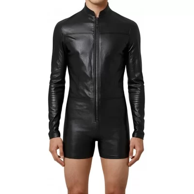 Body homme en cuir d'agneau noir manches longues modèle zirkon