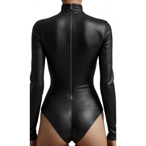 Body en cuir d'agneau stretch élastiqué noir manches longues modèle Romy
