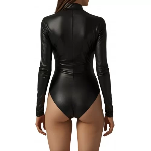 Body en cuir d'agneau stretch élastiqué noir manches longues modèle Heloise Body en cuir d'agneau stretch élastiqué noir manches longues modèle Heloise