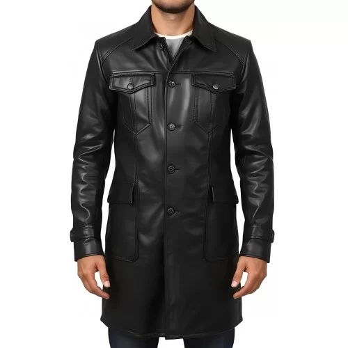 Trois quart long en cuir d'agneau noir fermeture par boutons sur l'avant modèle Hirisse