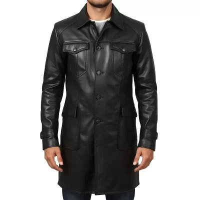 Trois quart long en cuir d'agneau noir fermeture par boutons sur l'avant modèle Hirisse