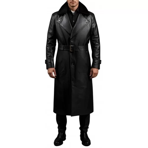 Manteau en cuir d'agneau noir fermeture par boutons sur l'avant avec ceinture et col mouton amovible modèle Priusse