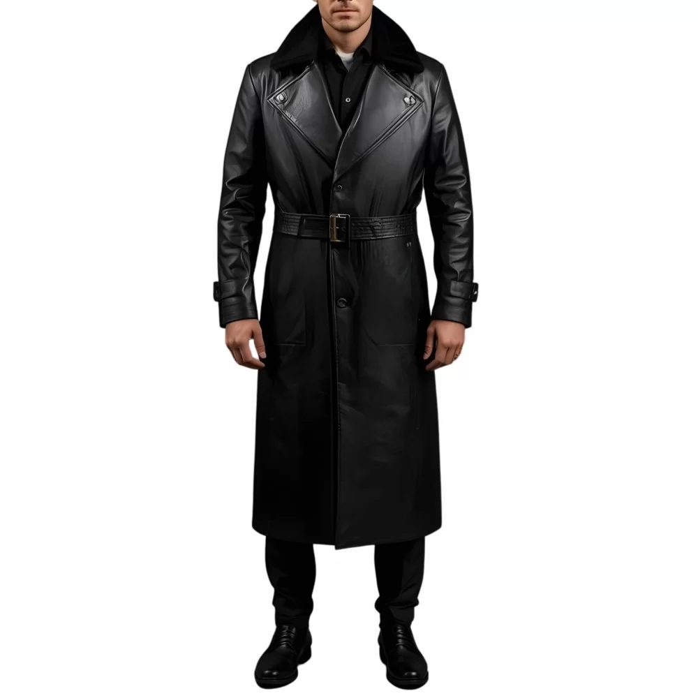 Manteau en cuir d'agneau noir fermeture par boutons sur l'avant avec ceinture et col mouton amovible modèle Priusse