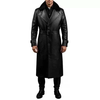 Manteau en cuir d'agneau noir fermeture par boutons sur l'avant avec ceinture et col mouton amovible modèle Priusse