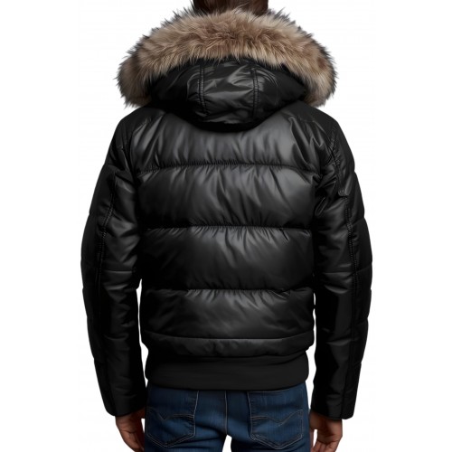 Blouson doudoune en cuir d'agneau noir tour de capuche amovible renard naturel modèle Tirion