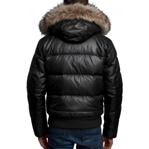 Blouson doudoune en cuir d'agneau noir tour de capuche amovible renard naturel modèle Tirion