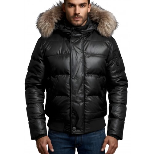 Blouson doudoune en cuir d'agneau noir tour de capuche amovible renard naturel modèle Tirion