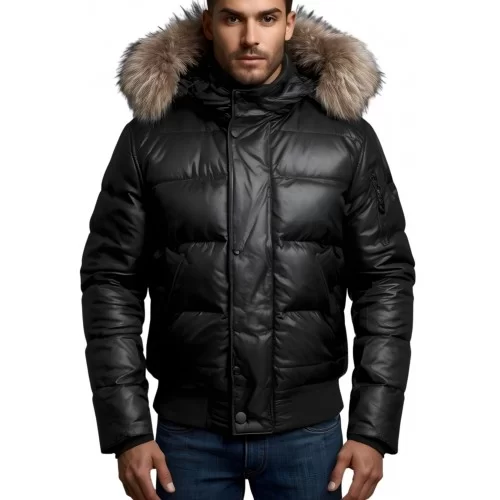 Blouson doudoune en cuir d'agneau noir tour de capuche amovible renard naturel modèle Tirion