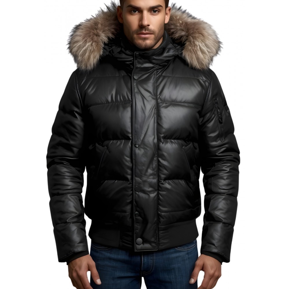 Blouson doudoune en cuir d'agneau noir tour de capuche amovible renard naturel modèle Tirion