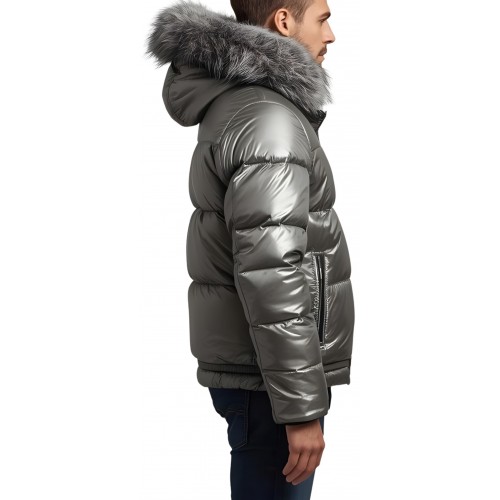 Doudoune homme cuir d'agneau metal gris bord capuche renard argenté modèle Tibery