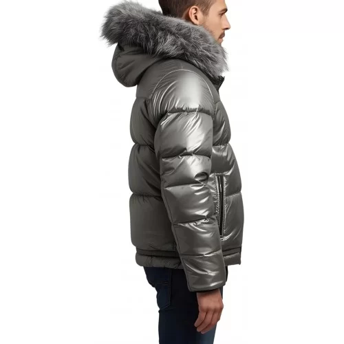 Doudoune homme cuir d'agneau metal gris bord capuche renard argenté modèle Tibery