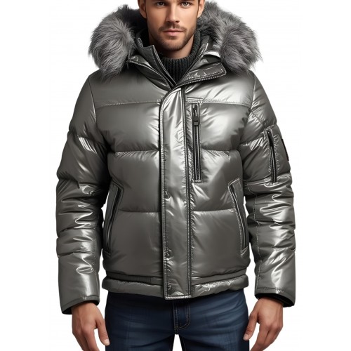 Doudoune homme cuir d'agneau metal gris bord capuche renard argenté modèle Tibery