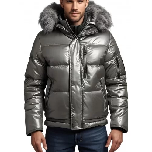 Doudoune homme cuir d'agneau metal gris bord capuche renard argenté modèle Tibery