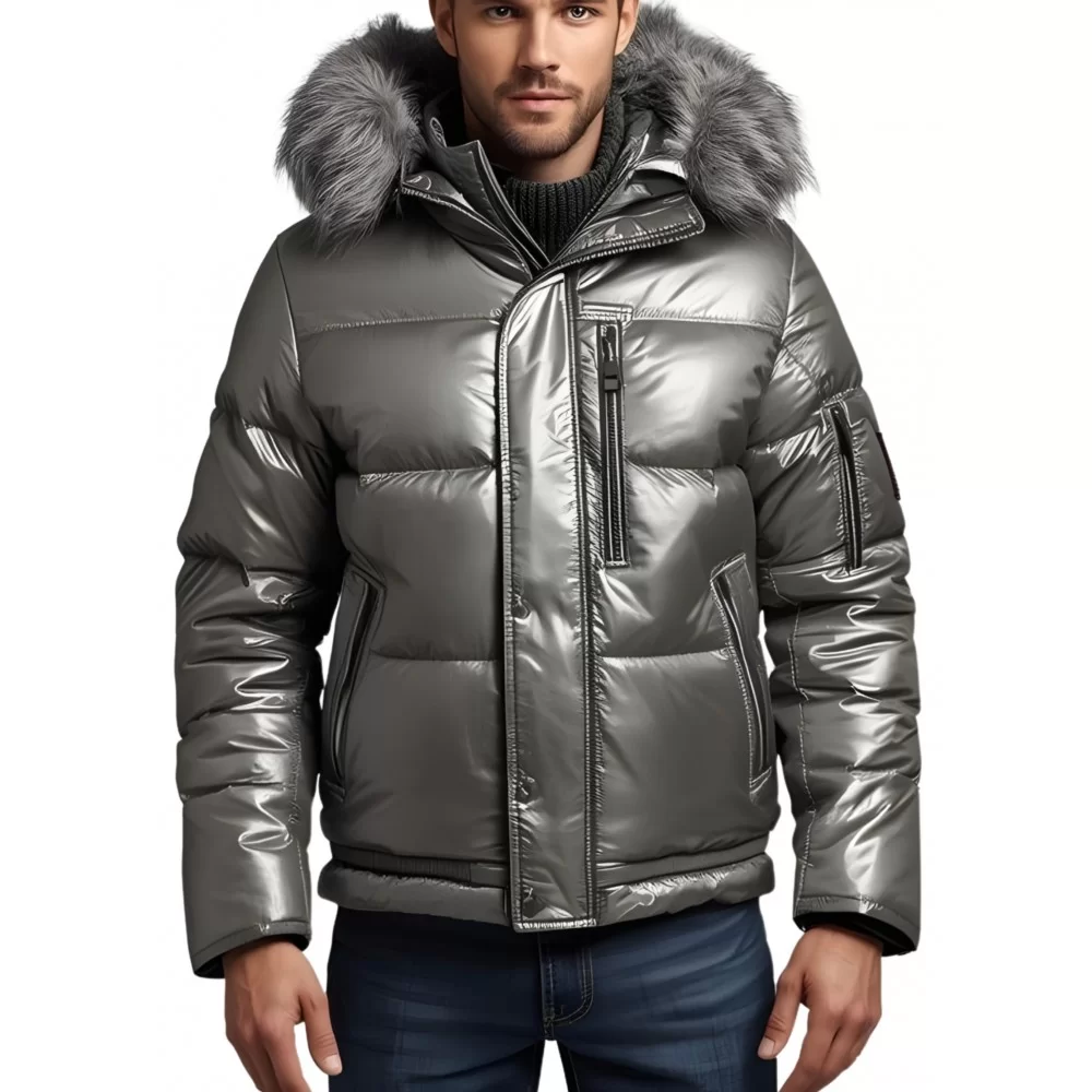 Doudoune homme cuir d'agneau metal gris bord capuche renard argenté modèle Tibery