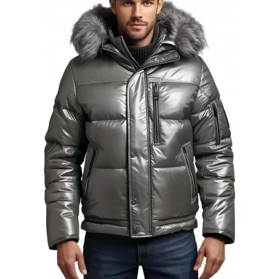Doudoune homme cuir d'agneau metal gris bord capuche renard argenté modèle Tibery