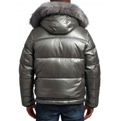 Doudoune homme cuir d'agneau metal gris bord capuche renard argenté modèle Tibery