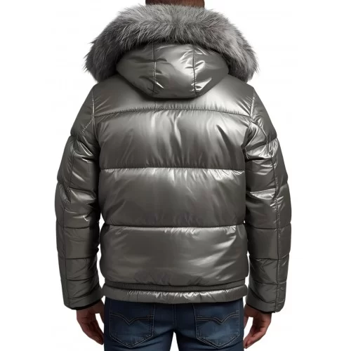 Doudoune homme cuir d'agneau metal gris bord capuche renard argenté modèle Tibery