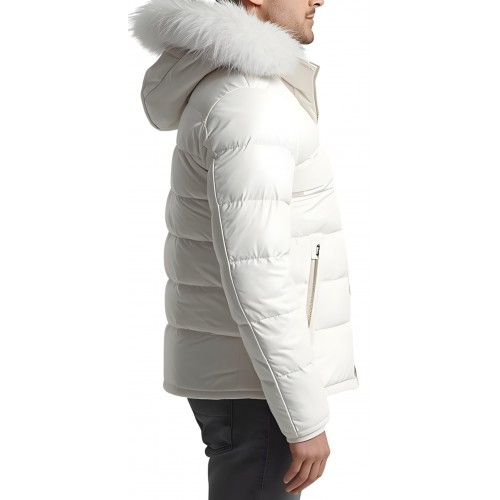 Doudoune homme en cuir d'agneau blanc capuche avec bords renard blanc modèle Amia