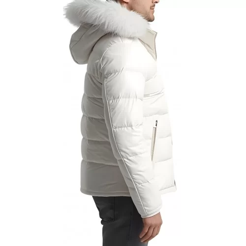Doudoune homme en cuir d'agneau blanc capuche avec bords renard blanc modèle Amia