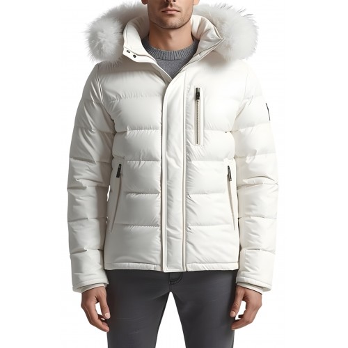 Doudoune homme en cuir d'agneau blanc capuche avec bords renard blanc modèle Amia