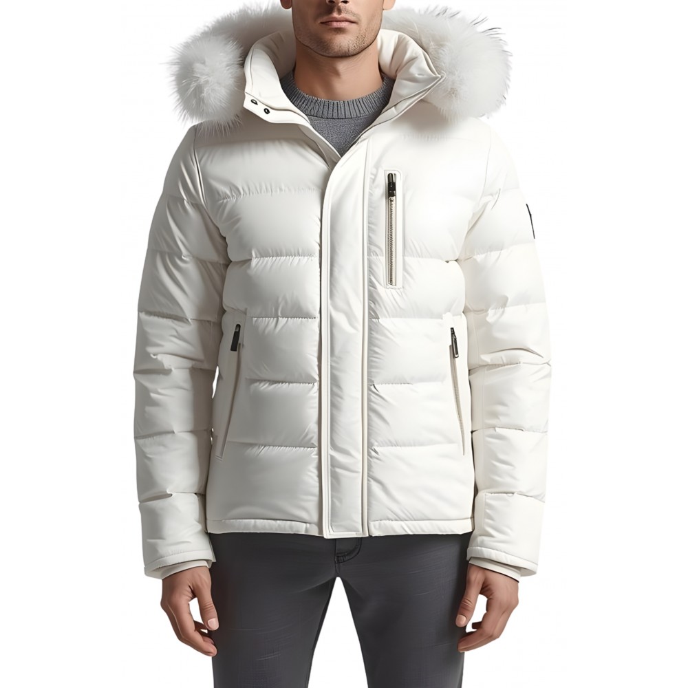 Doudoune homme en cuir d'agneau blanc capuche avec bords renard blanc modèle Amia