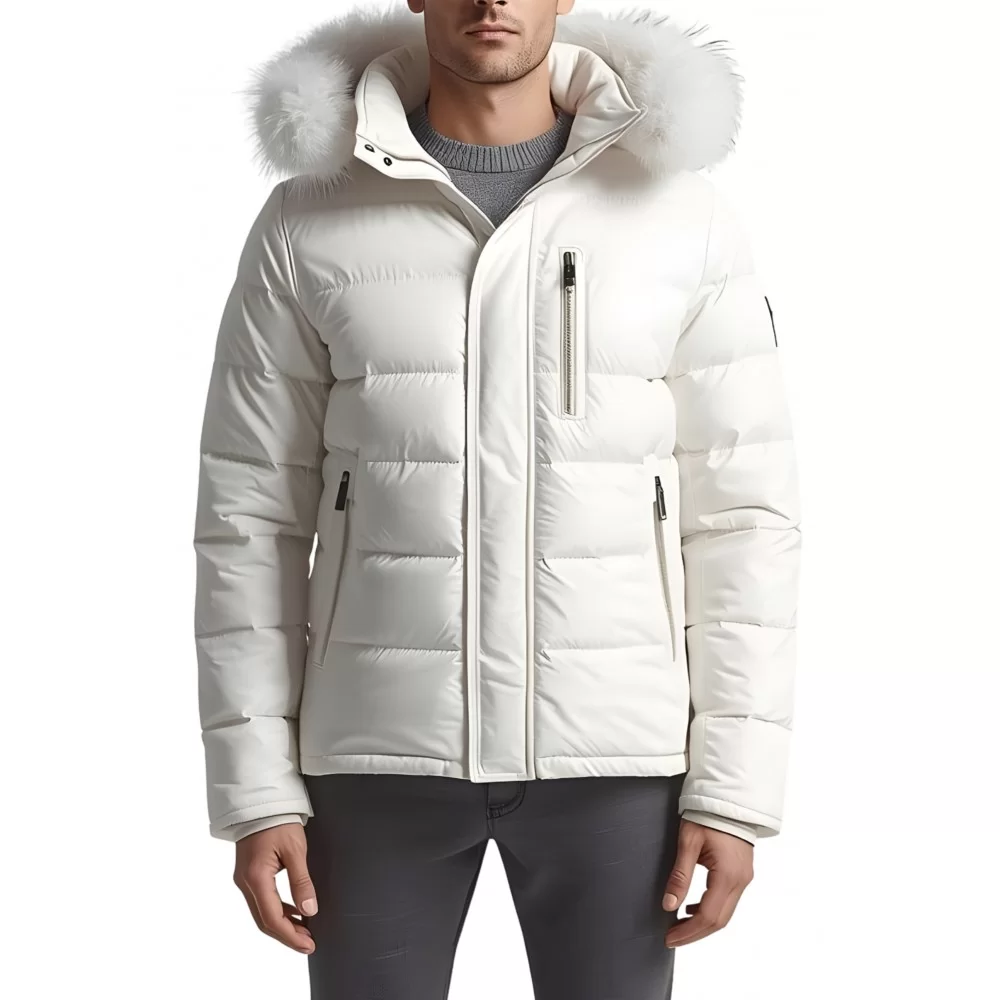 Doudoune homme en cuir d'agneau blanc capuche avec bords renard blanc modèle Amia