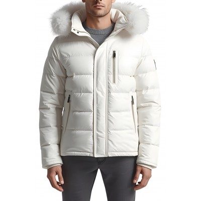 Doudoune homme en cuir d'agneau blanc capuche avec bords renard blanc modèle Amia