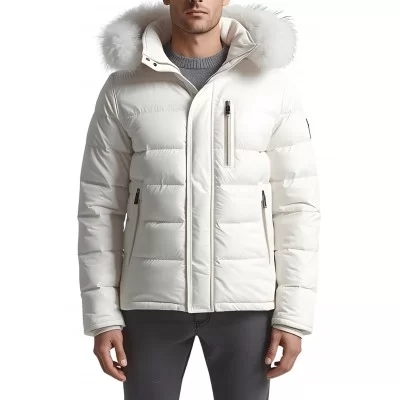 Doudoune homme en cuir d'agneau blanc capuche avec bords renard blanc modèle Amia