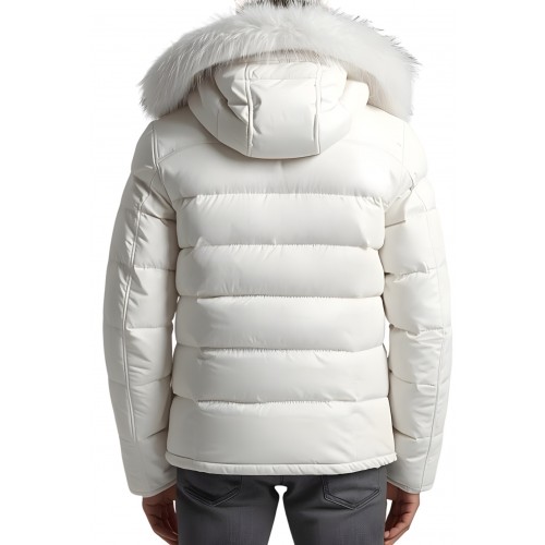 Doudoune homme en cuir d'agneau blanc capuche avec bords renard blanc modèle Amia