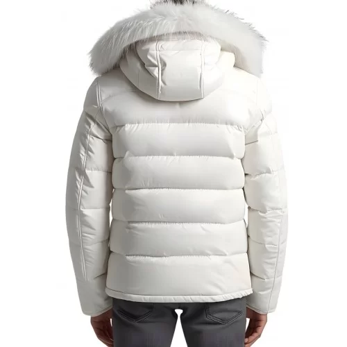 Doudoune homme en cuir d'agneau blanc capuche avec bords renard blanc modèle Amia