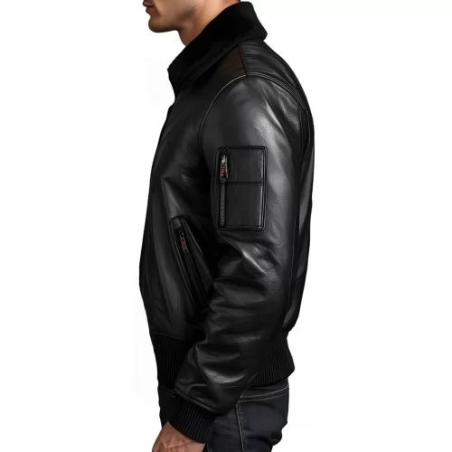 Blouson cuir homme type pilote en mouton noir col amovible en mouton modèle Capitaine