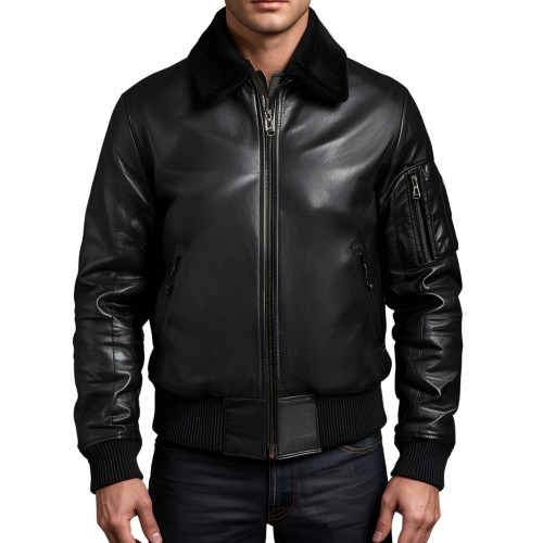 Blouson cuir homme type pilote en mouton noir col amovible en mouton modèle Capitaine