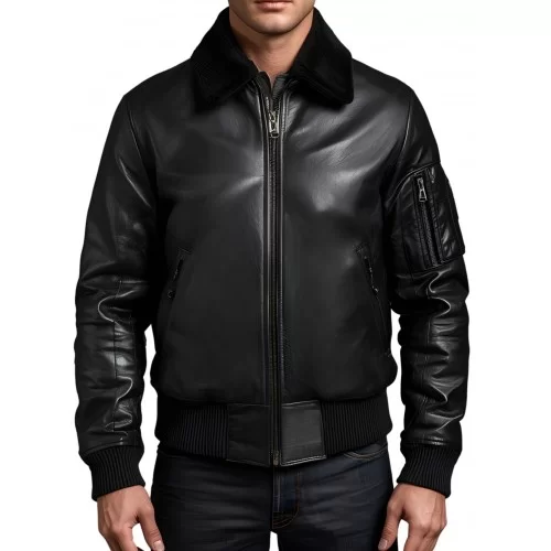 Blouson cuir homme type pilote en mouton noir col amovible en mouton modèle Capitaine