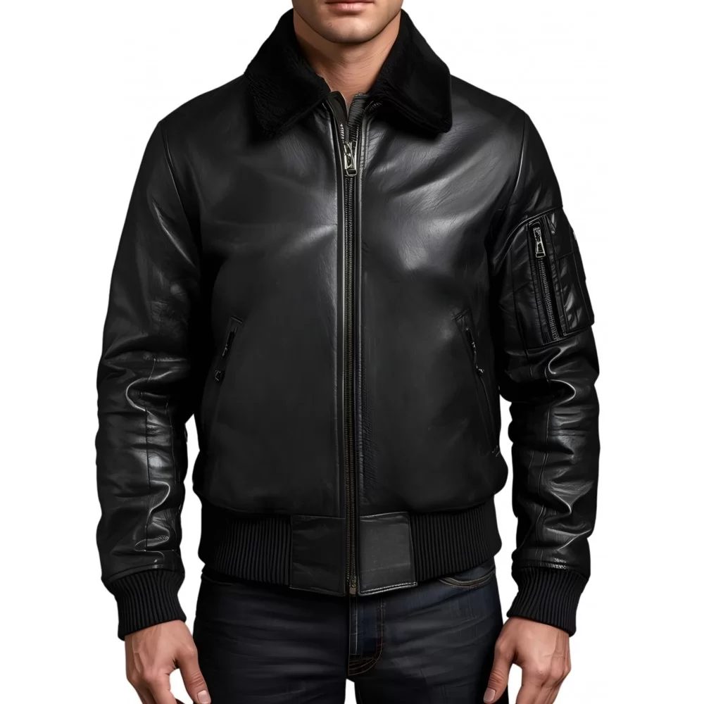 Blouson cuir homme type pilote en mouton noir col amovible en mouton modèle Capitaine