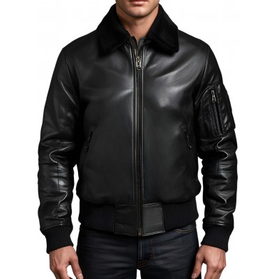 Blouson cuir homme type pilote en mouton noir col amovible en mouton modèle Capitaine