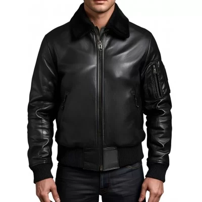 Blouson cuir homme type pilote en mouton noir col amovible en mouton modèle Capitaine