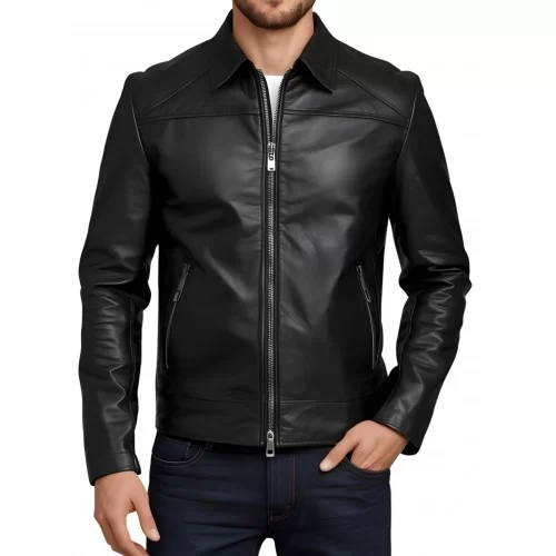 Blouson homme classique en cuir d'agneau noir modèle Hironi
