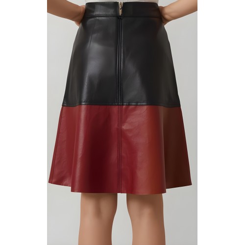 Jupe mi longue en cuir d'agneau bicolore noir et marron modèle Ninia