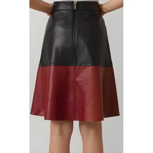 Jupe mi longue en cuir d'agneau bicolore noir et marron modèle Ninia Jupe mi longue en cuir d'agneau bicolore noir et marron modèle Ninia