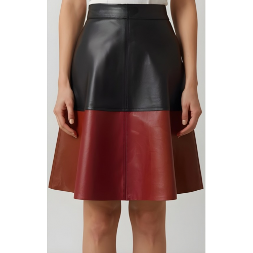 Jupe mi longue en cuir d'agneau bicolore noir et marron modèle Ninia