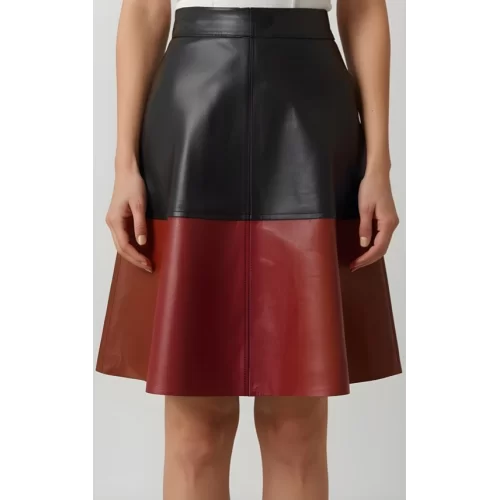 Jupe mi longue en cuir d'agneau bicolore noir et marron modèle Ninia
