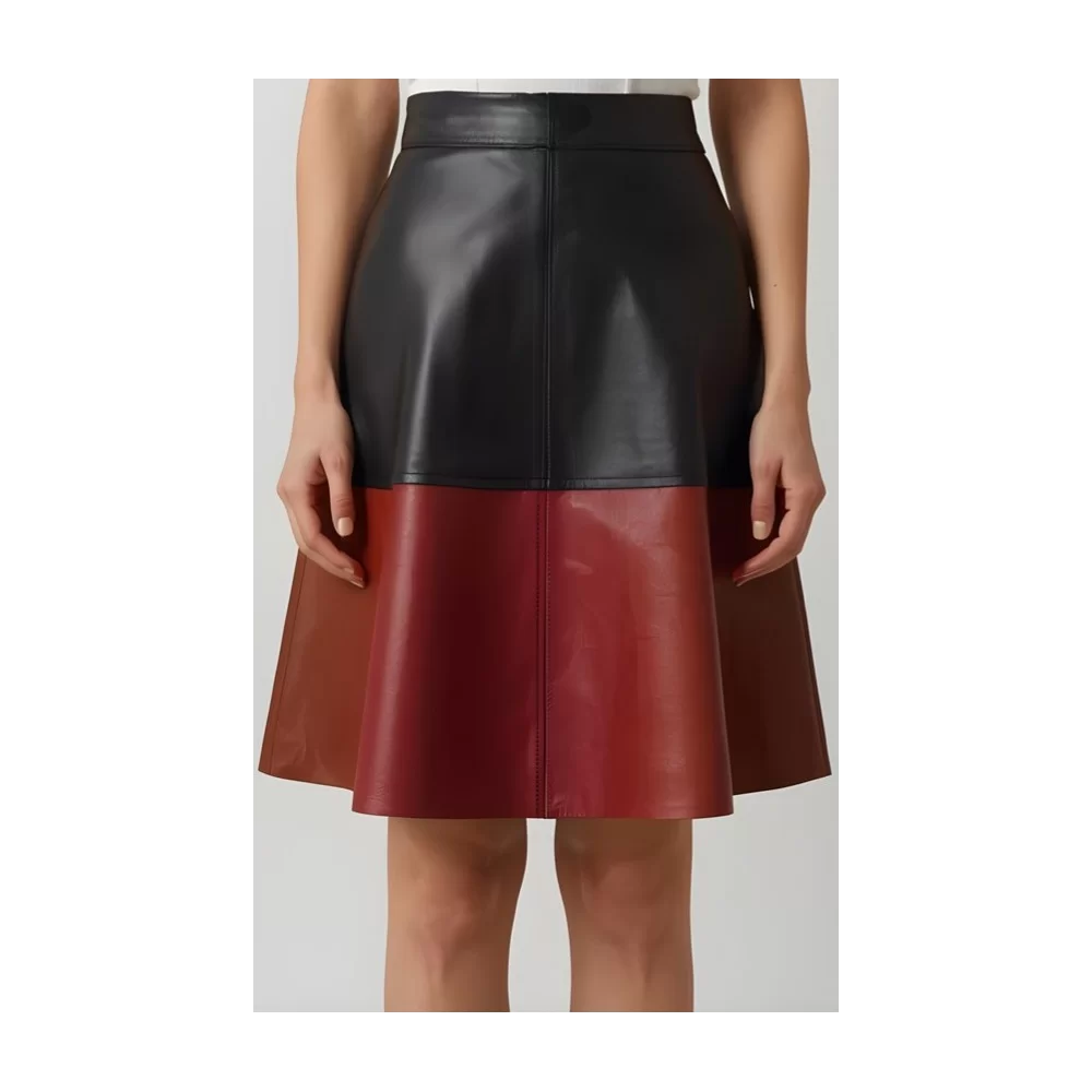 Jupe mi longue en cuir d'agneau bicolore noir et marron modèle Ninia Jupe mi longue en cuir d'agneau bicolore noir et marron modèle Ninia