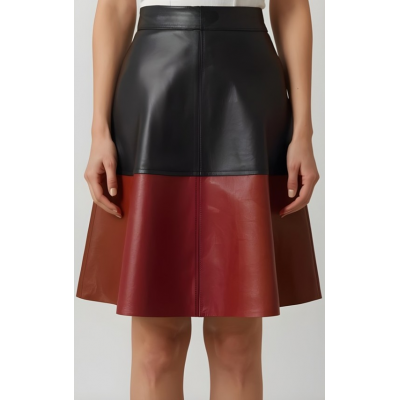 Jupe mi longue en cuir d'agneau bicolore noir et marron modèle Ninia