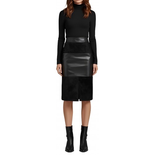 Jupe mi longue en agneau noir et agneau velours noir modèle Ambre