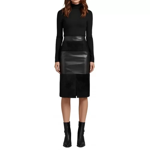 Jupe mi longue en agneau noir et agneau velours noir modèle Ambre Jupe mi longue en agneau noir et agneau velours noir modèle Ambre
