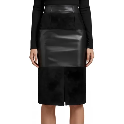 Jupe mi longue en agneau noir et agneau velours noir modèle Ambre